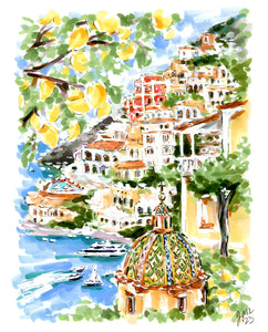 Positano Colorful Houses Watercolors and Ink Painting